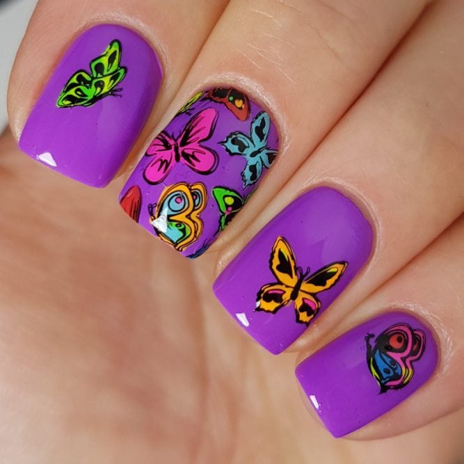 Peace nail art - bright neon purple gloss top coat