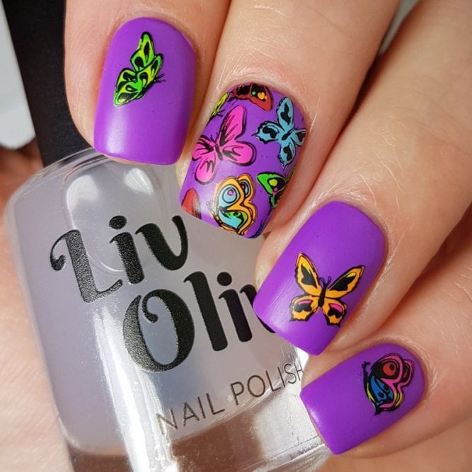 Peace nail art - bright neon purple matte top coat