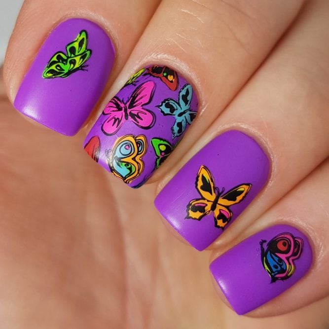 Peace nail art - bright neon purple matte top coat