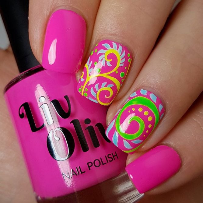 Psychedelic nail art - bright neon pink gloss top coat