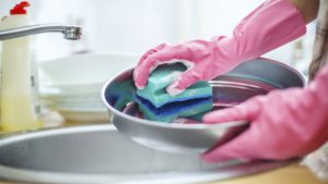 Pair of hands in pink marigolds scrubbing silver dish with sponge scrubber over round sink