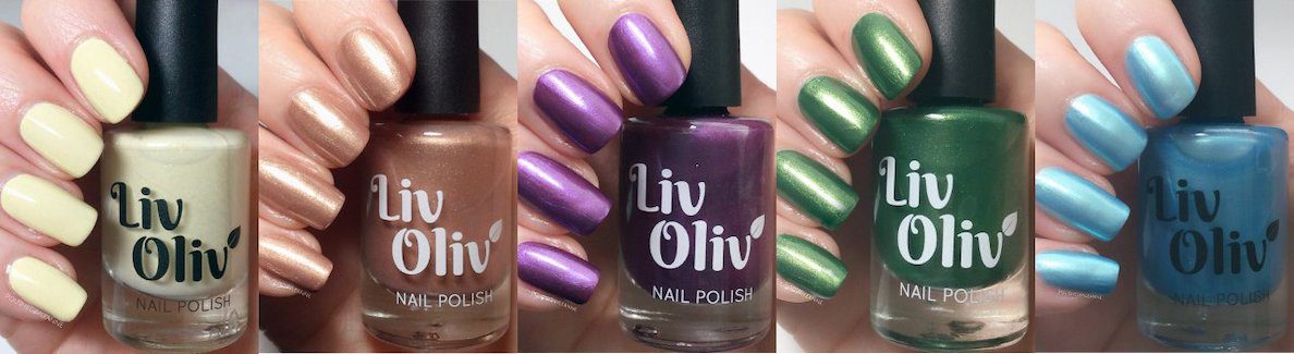 close up of 5 LivOliv non-toxic nail polishes
