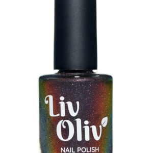 glass bottle of a red to black multi chrome vegan nail polish