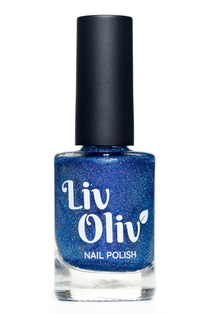 glass bottle of sparkly blue vegan nail polish with a pink shimmer